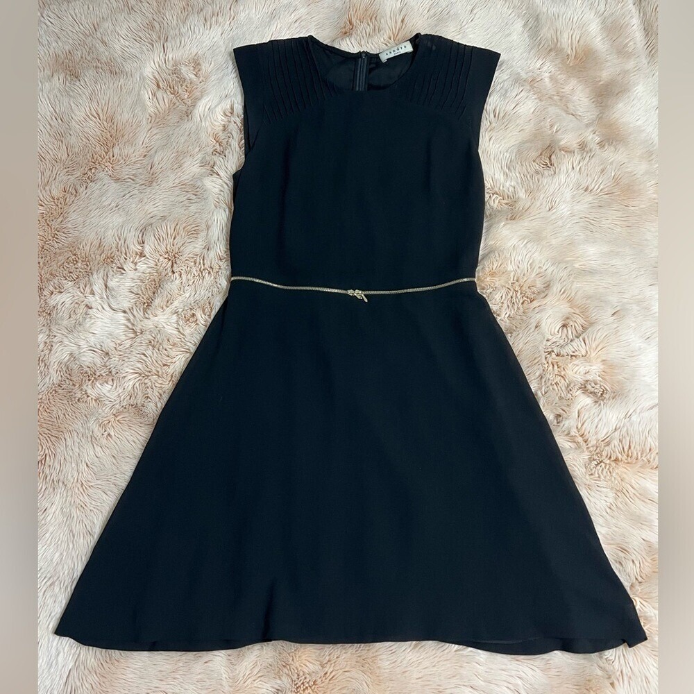 Sandro Paris Black Mini Length Dress Sz 4 Cutout Zip Waist Old Money Luxury LBD - Picture 3 of 13